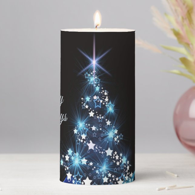 Christmas Party Blue Tree Shiny Black Elegant Pillar Candle (In Situ)