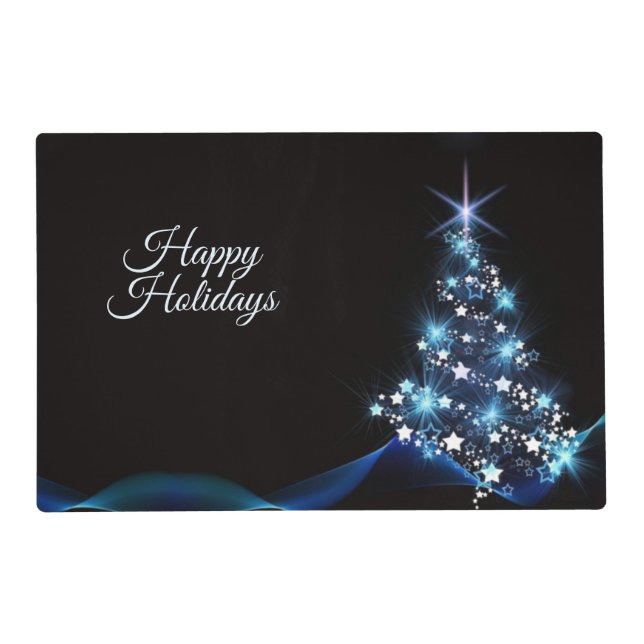 Christmas Party Blue Tree Shiny Black Elegant Placemat (Front)