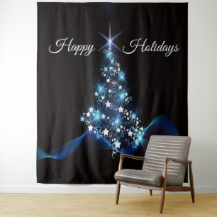 Christmas Party Blue Tree Shiny Black Elegant Tapestry
