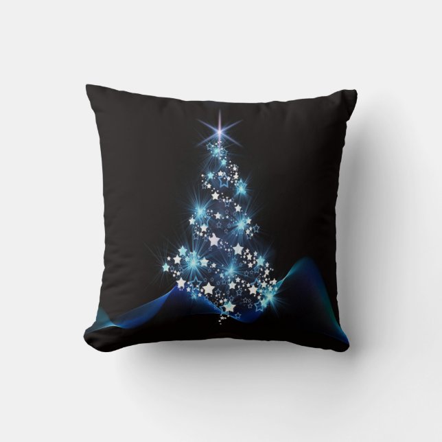Christmas Party Blue Tree Shiny Black Elegant Throw Pillow (Front)