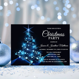 CHRISTMAS PARTY BLUE Twinkle Lights Snow Tree Invitation