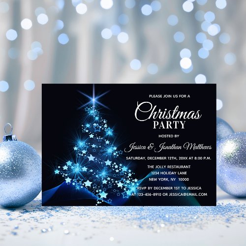 CHRISTMAS PARTY BLUE Twinkle Lights Snow Tree Invitation
