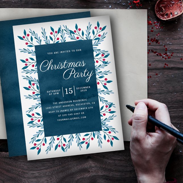 Christmas Party Blue Watercolor Floral Invitation (Creator Uploaded)