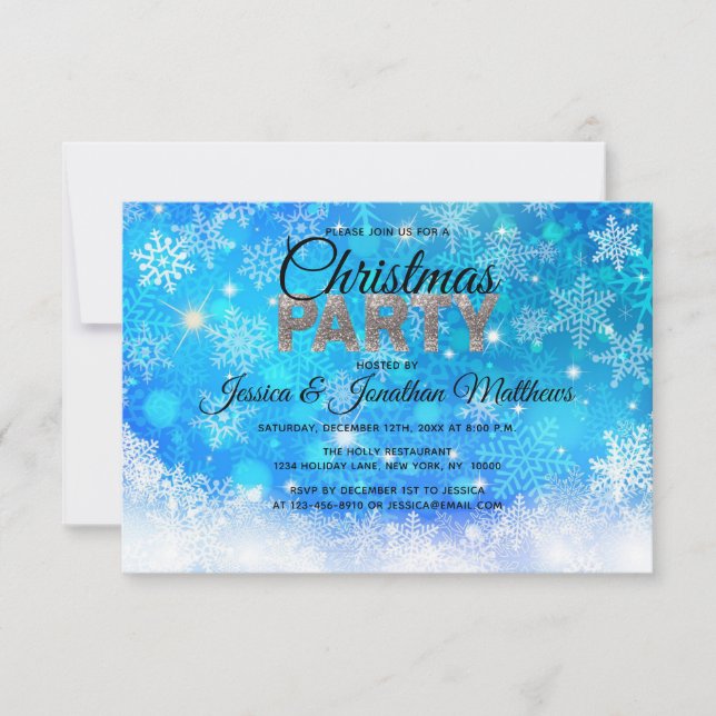 CHRISTMAS PARTY Blue White Snowflakes Snow Glitter Invitation (Front)
