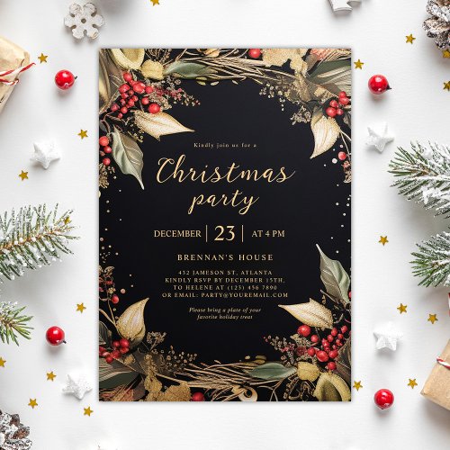 Christmas Party Botanical Black And Gold Holiday Invitation