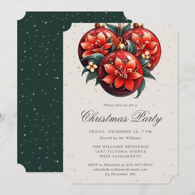 Christmas Party Botanical Ornaments Invitation (Front/Back)