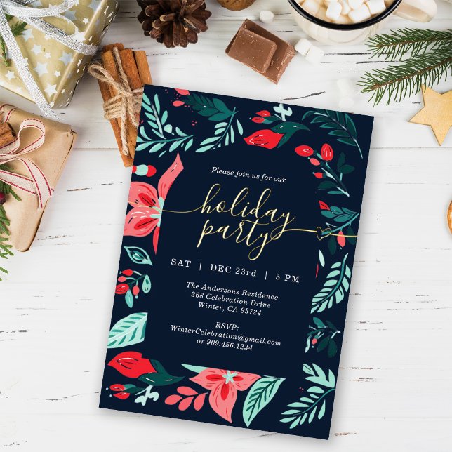 Christmas Party Botanical Red Floral Blue  Foil Holiday Card (Creator Uploaded)