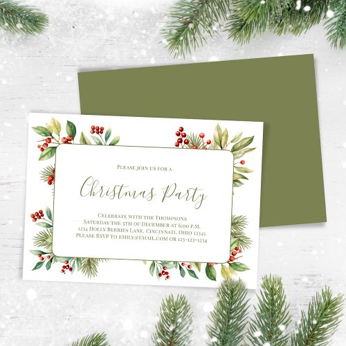 Christmas Party Botanical Red Holly Greenery Holiday Card