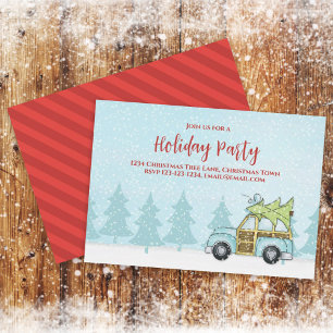 Christmas Party Brush Script Blue Car Invitation