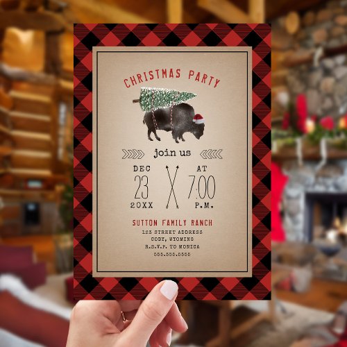 Christmas Party Buffalo Bison Tree Rustic Plaid Invitation