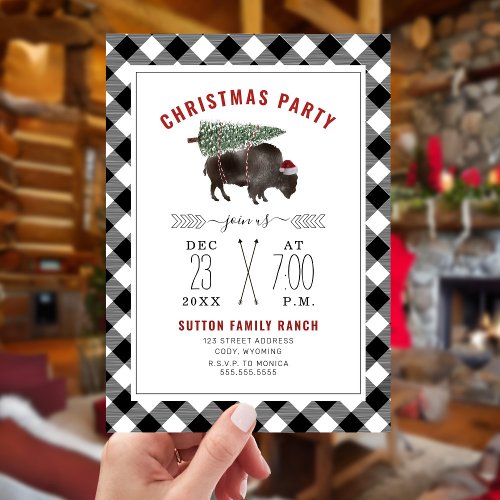 Christmas Party Buffalo Bison Tree Santa Plaid Invitation