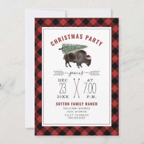 Christmas Party Buffalo Bison Tree Santa Red Plaid Invitation