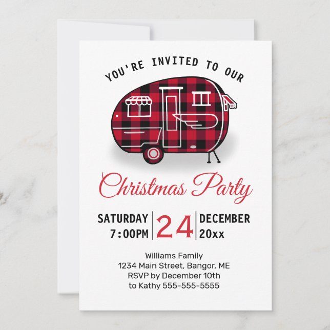 Christmas Party Camper Red Buffalo Plaid Holiday Invitation (Front)