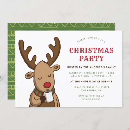 Christmas Party  Cartoon Rudolph Drinking Cocoa Invitation