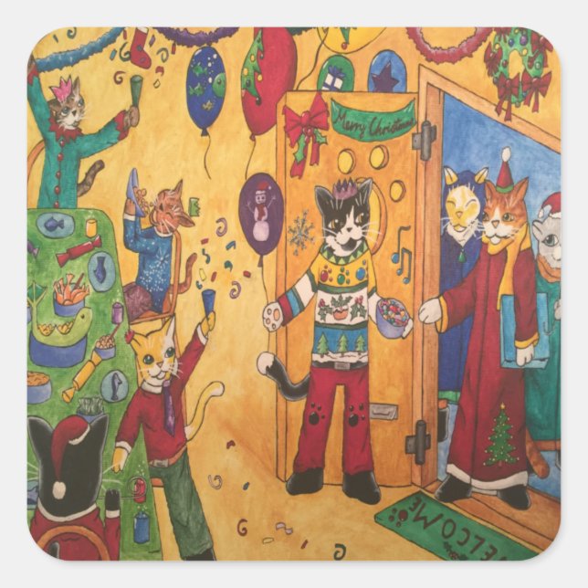 Christmas Party Cats Rectangular Sticker (Front)