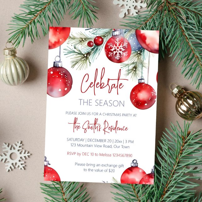 Christmas party celebrate the season invitation (Celebrate the season Christmas party template invitation instant download watercolor red baubles )
