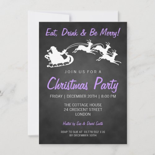 Christmas Party Chalkboard Santa Purple Invitation