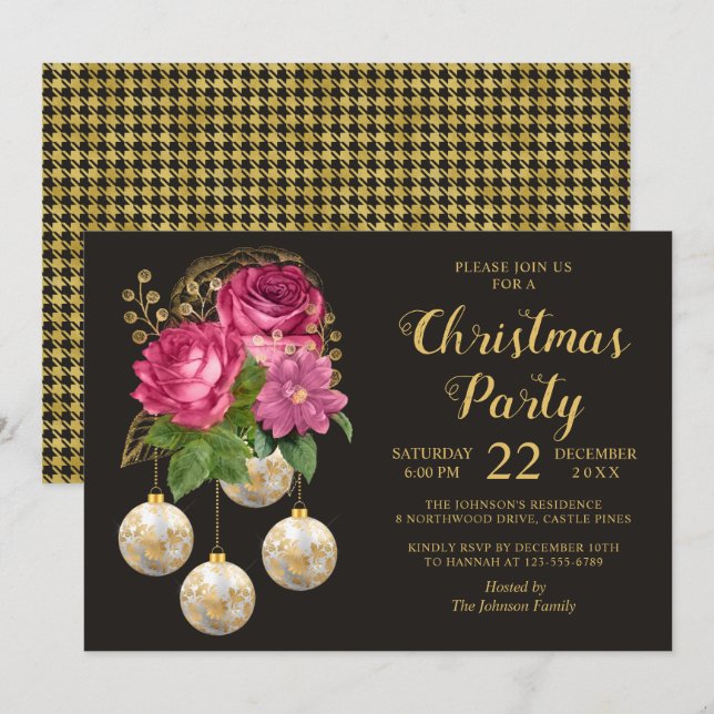Christmas Party Chic Floral Bauble Bouquet Invitation (Front/Back)