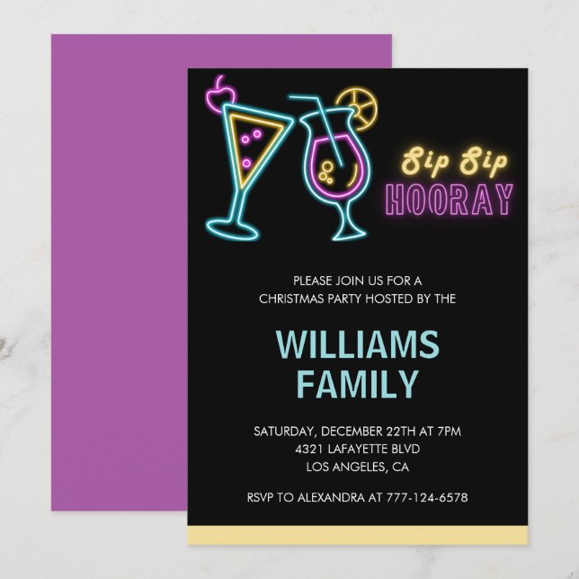Christmas Party Cocktail Neon Drinks Invitation (Front/Back)