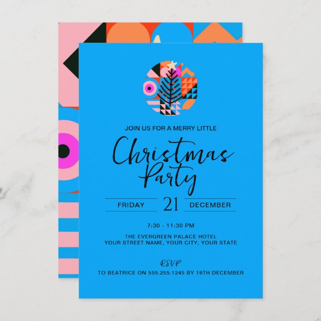 Christmas Party Colorful Geometric Pattern Blue  Invitation (Front/Back)