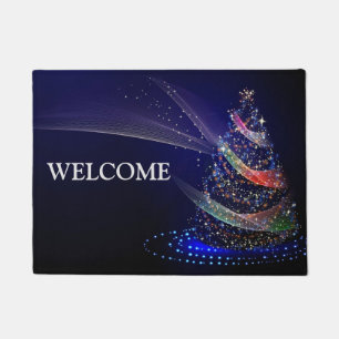 Christmas Party Colorful Tree Navy Blue Rustic Doormat