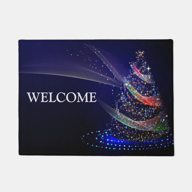 Christmas Party Colorful Tree Navy Blue Rustic Doormat (Front)