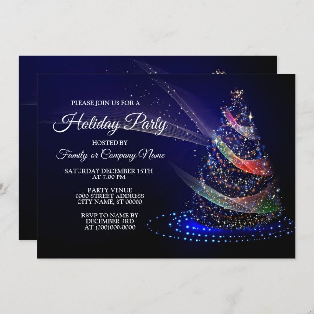 Christmas Party Colorful Tree Navy Blue Rustic Invitation (Front/Back)