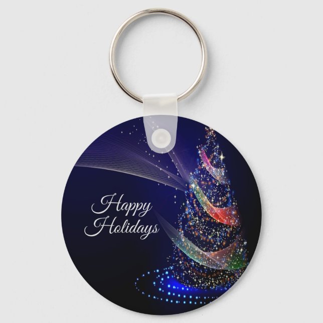 Christmas Party Colorful Tree Navy Blue Rustic Keychain (Front)