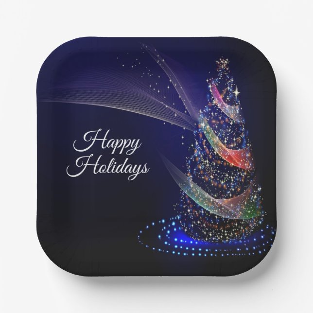 Christmas Party Colorful Tree Navy Blue Rustic Paper Plates (Front)
