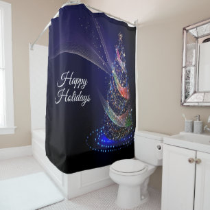 Christmas Party Colorful Tree Navy Blue Rustic Shower Curtain