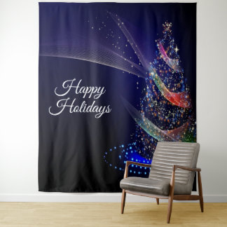 Christmas Party Colorful Tree Navy Blue Rustic Tapestry