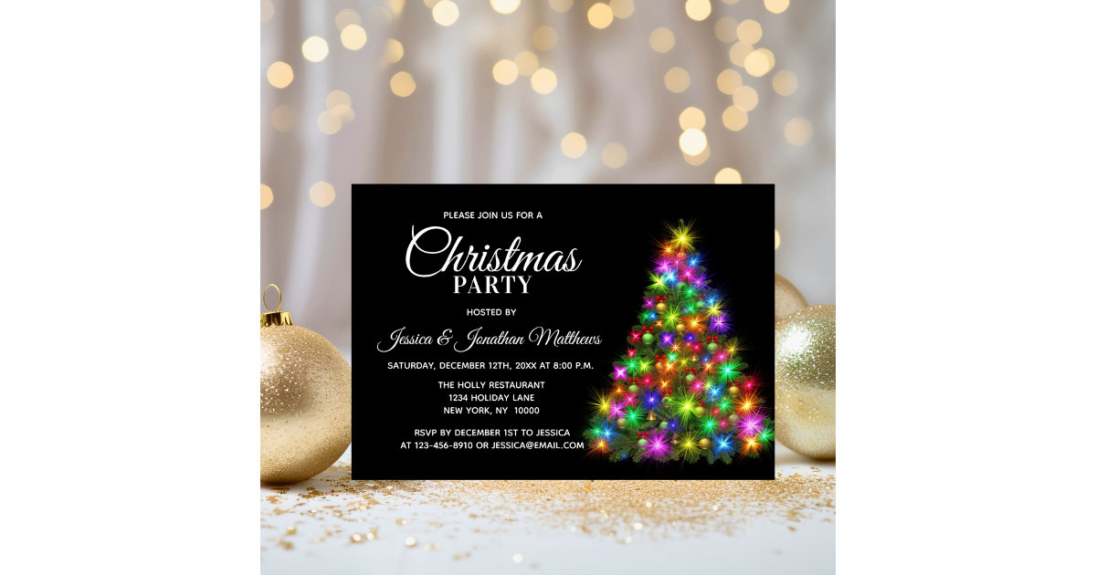 CHRISTMAS PARTY Colorful Twinkle Lights Tree Invitation | Zazzle