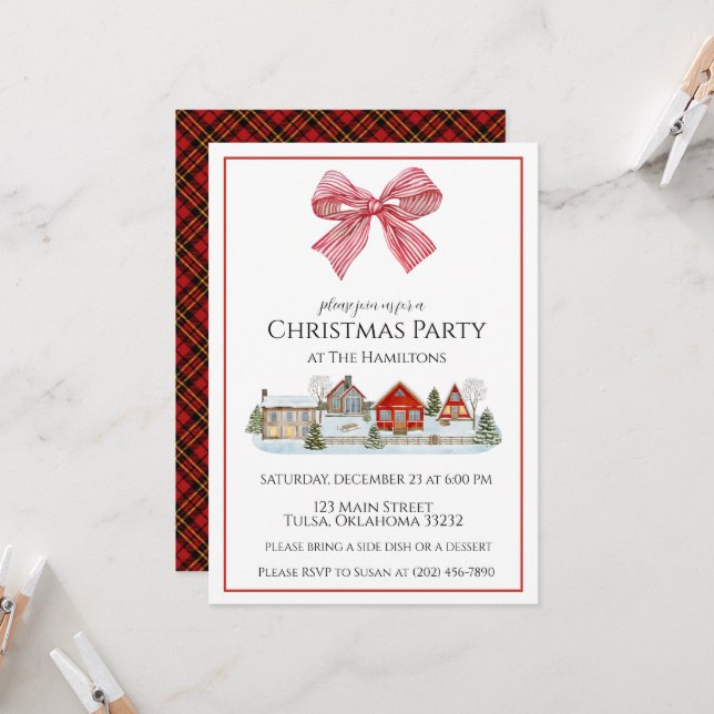 Christmas Party Cozy Cabin & Bow Invitation (Front/Back In Situ)
