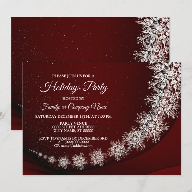 Christmas Party Crystal Snowflakes Red Rustic      Invitation (Front/Back)