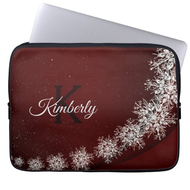 Christmas Party Crystal Snowflakes Red Rustic Laptop Sleeve (Front)