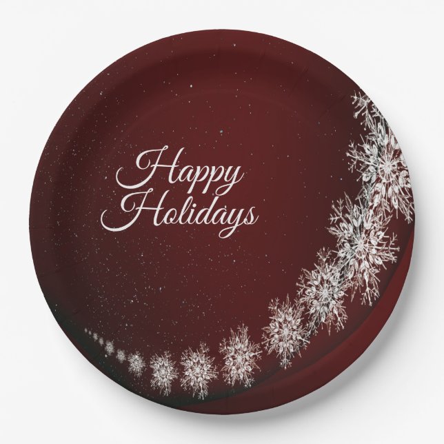 Christmas Party Crystal Snowflakes Red Rustic Paper Plates (Front)
