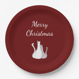 Christmas Party Cute Cats Elegant Script Red Paper Plates
