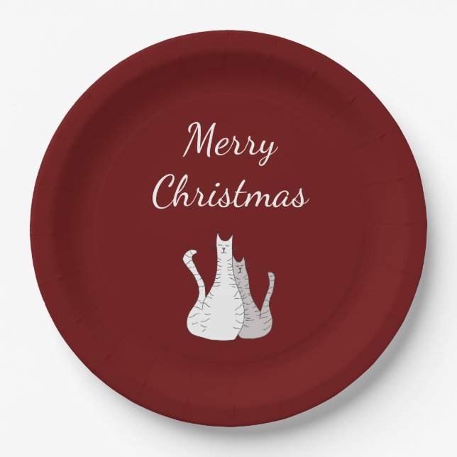 Christmas Party Cute Cats Elegant Script Red Paper Plates (Front)