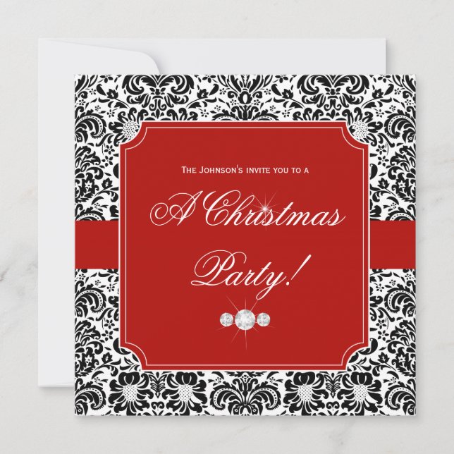 Christmas Party Damask Red Black White Invite (Front)