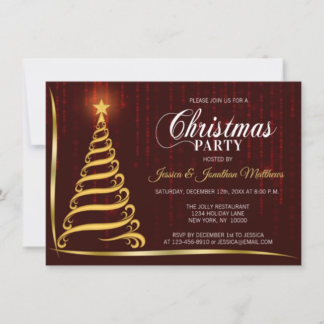 CHRISTMAS PARTY Dark Red Gold Twinkle Lights Tree Invitation (Front)