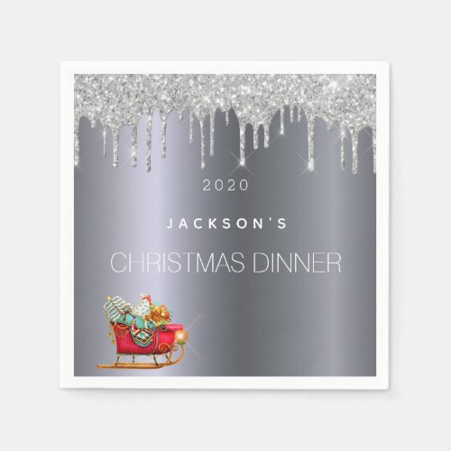 Christmas party dinner silver glitter sleigh name napkins