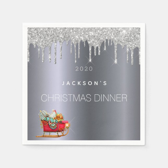 Christmas party dinner silver glitter sleigh name napkins (Front)