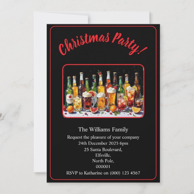 Christmas Party Drinks And Cocktails Xmas Black Invitation (Front)