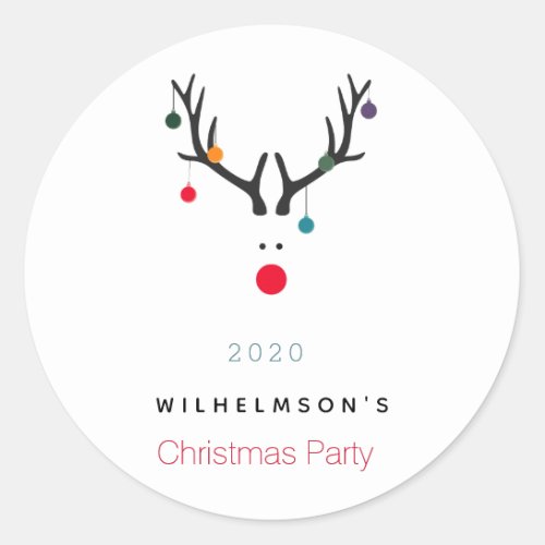 Christmas party family modern funny reindeer white classic round sticker