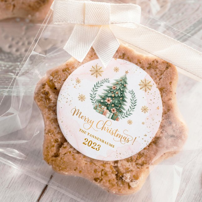 Christmas Party Favors | Blush Gold Snowflakes Classic Round Sticker (Creator Uploaded)