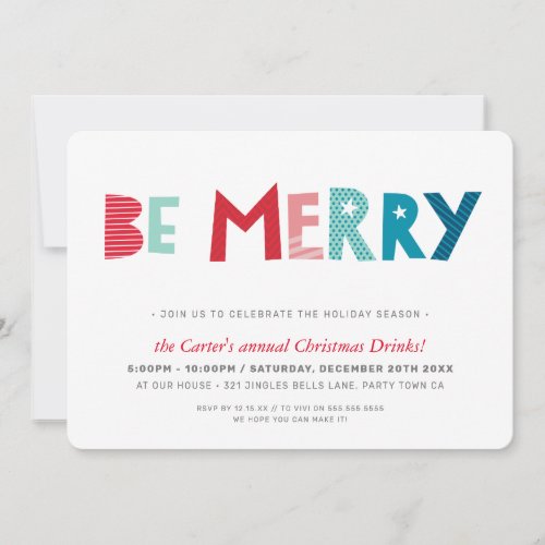 CHRISTMAS PARTY festive fun typography BE MERRY Holiday Card