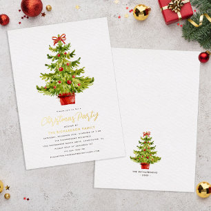 Christmas Party Festive Red Green Tree Real Gold Foil Invitation