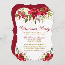 Christmas Party Floral Red Poinsettia Gold Glitter Invitation