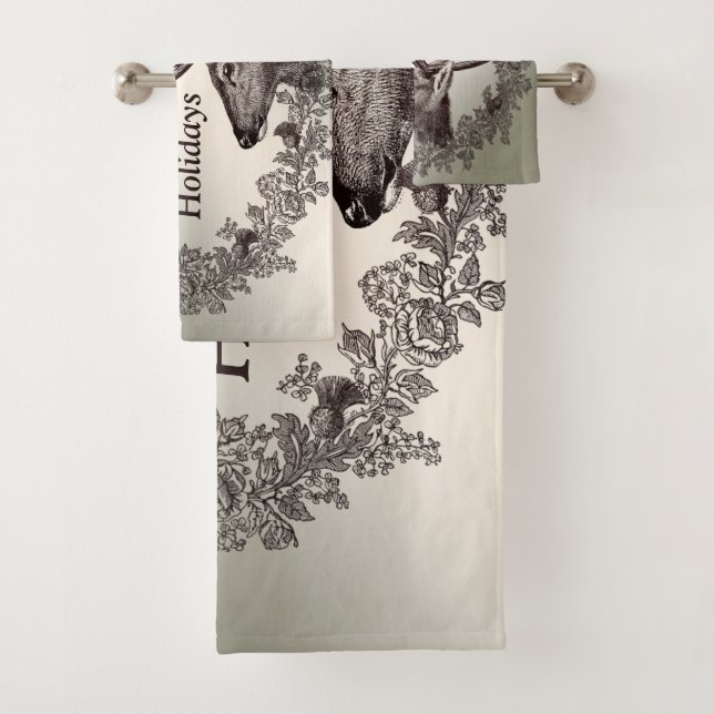 Christmas Party Floral Reindeer Golden Winter Bath Towel Set (Insitu)