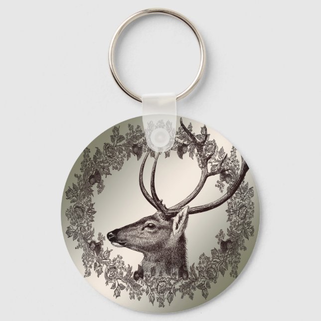 Christmas Party Floral Reindeer Golden Winter Keychain (Front)